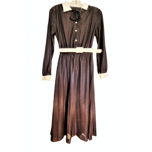Vintage Black Contrasting Cuff and Collar Belted Shiny Sheer Bow Neck Midi Dress - Picture 1 of 7